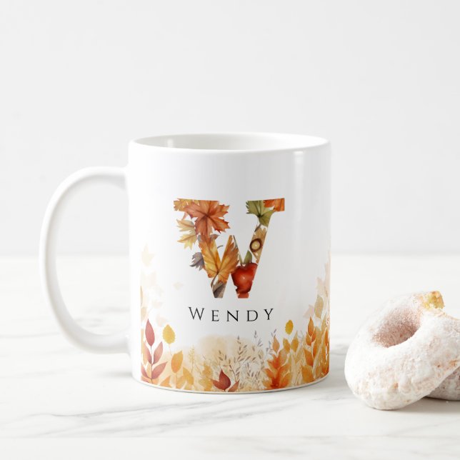 Taza De Café Letra W hojas de otoño monograma inicial (Con donut)
