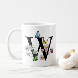 Taza De Café Letra W Mariposa Floral Monograma Inicial  