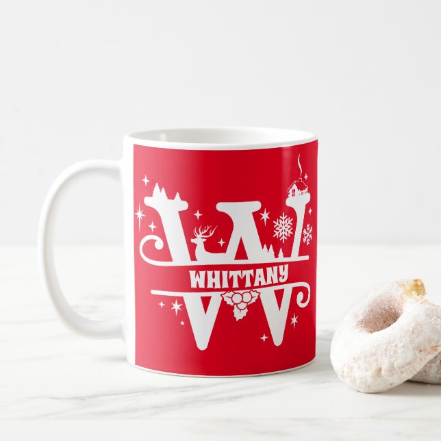 Taza De Café Letra W Navidades Monograma Nombre inicial rojo (Con donut)