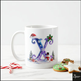 Taza De Café Letra X de Navidad iridiscente con muñeco de nieve