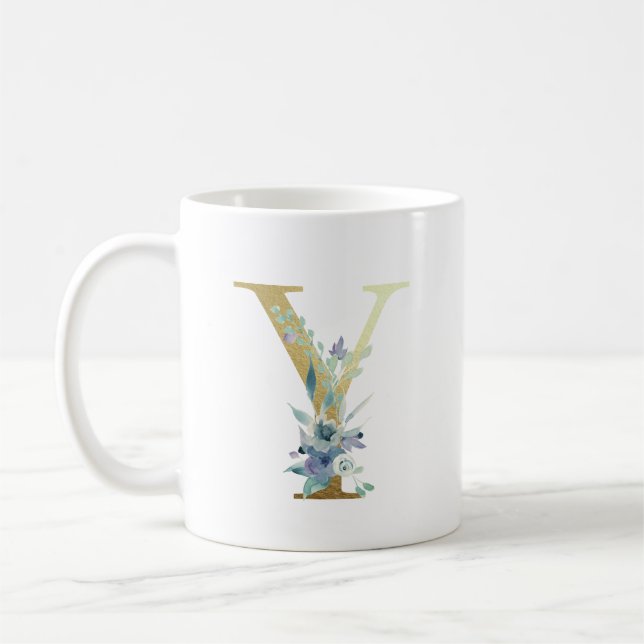 Taza De Café Letra Y de Monograma Dorado Flores de Acuarela Azu (Izquierda)