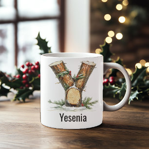 Taza De Café Letra Y de Navidad de Tronco Boscoso Personalizada