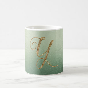 Taza De Café Letra Y de purpurina dorada verde oliva