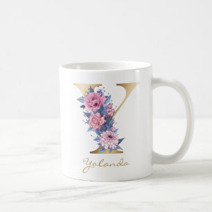Taza De Café Letra Y Monograma Dorado Floral Rosa Azul