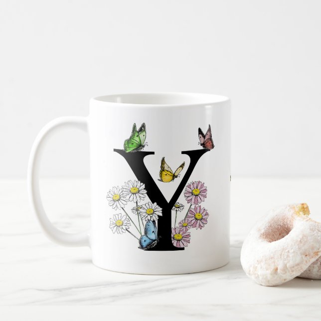 Taza De Café Letra Y Monograma mariposa floral inicial (Con donut)