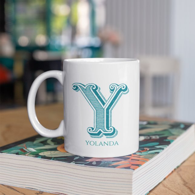 Taza De Café Letra Y Nombre moderno monograma Verde azulado (Subido por el creador)