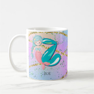 Taza De Café Letra Z Monograma Acuarela Cuta Sirena Nursera