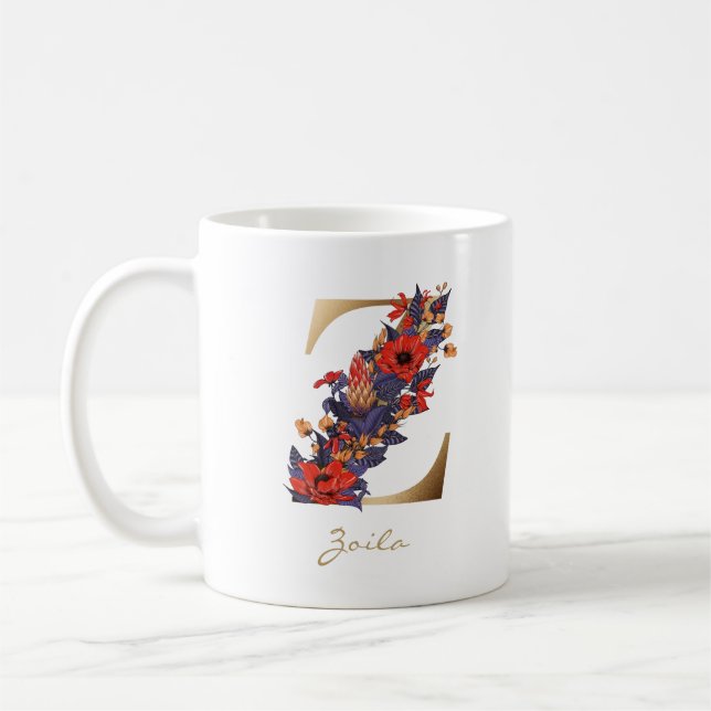 Taza De Café Letra Z oro monograma rojo púrpura amarillo floral (Izquierda)