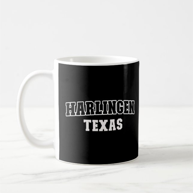 Taza De Café Letras atléticas blancas negras de Harlingen Texas (Izquierda)