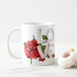 Taza De Café Letras de amor en negrita con follaje de rosa roja