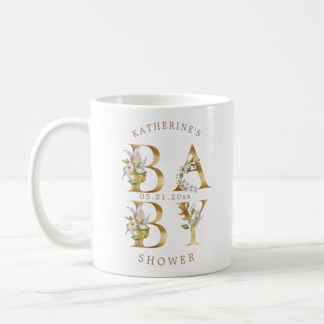 Taza De Café letras doradas florales en bebes monograma (Izquierda)