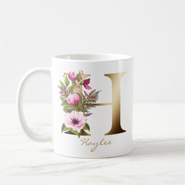 Taza De Café Letter H Gold Monogram | Pink Magenta Floral (Izquierda)