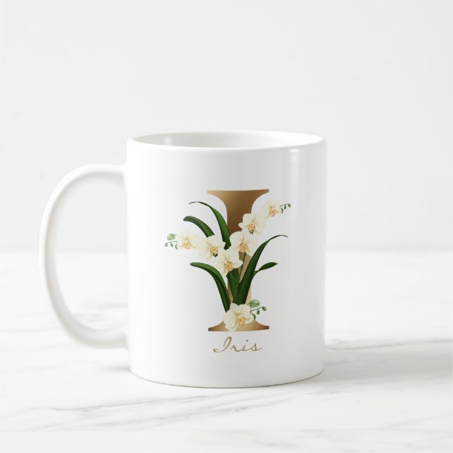Taza De Café Letter I Gold Monogram | White Floral Orchids (Izquierda)