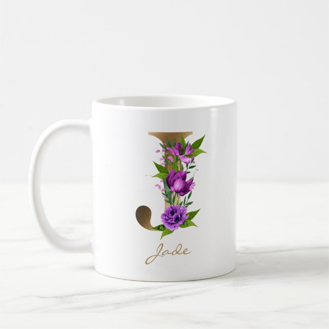 Taza De Café Letter J Gold Monogram | Purple Green Floral (Izquierda)