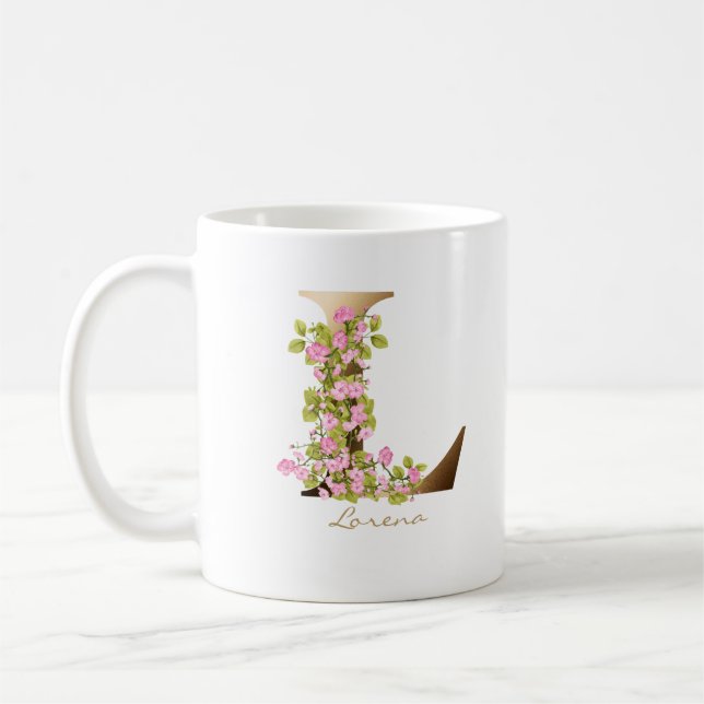 Taza De Café Letter L Gold Monogram | Pink Cherry Blossoms (Izquierda)