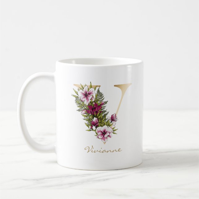 Taza De Café Letter V Gold Monogram Marsala White Florals (Izquierda)