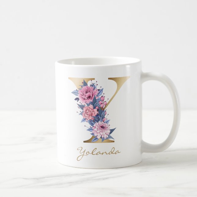 Taza De Café Letter Y Gold Monogram Pink Blue Floral (Derecha)