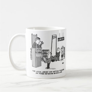Taza De Café Libro de biblioteca tardío. Pena severa por retorn