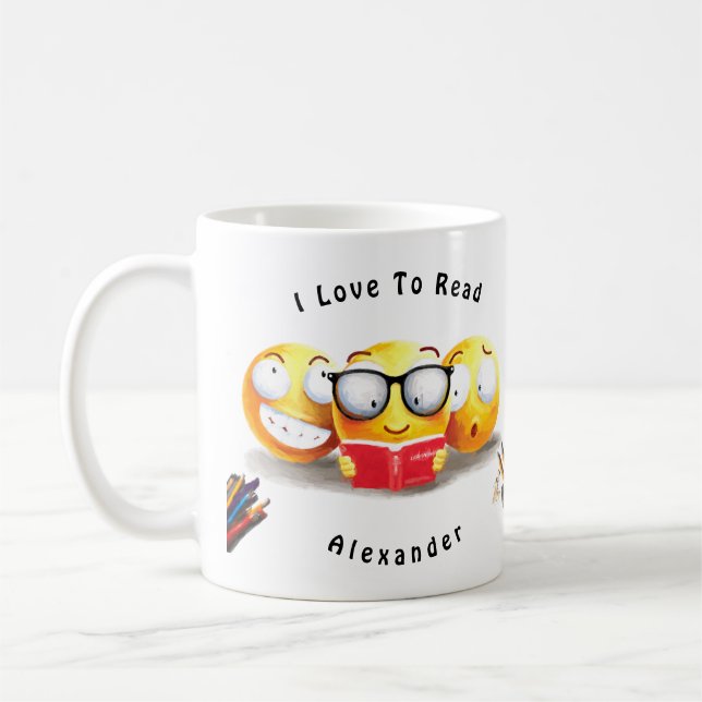 Taza De Café Libro de lectura sonriente del amor de la emoji (Izquierda)