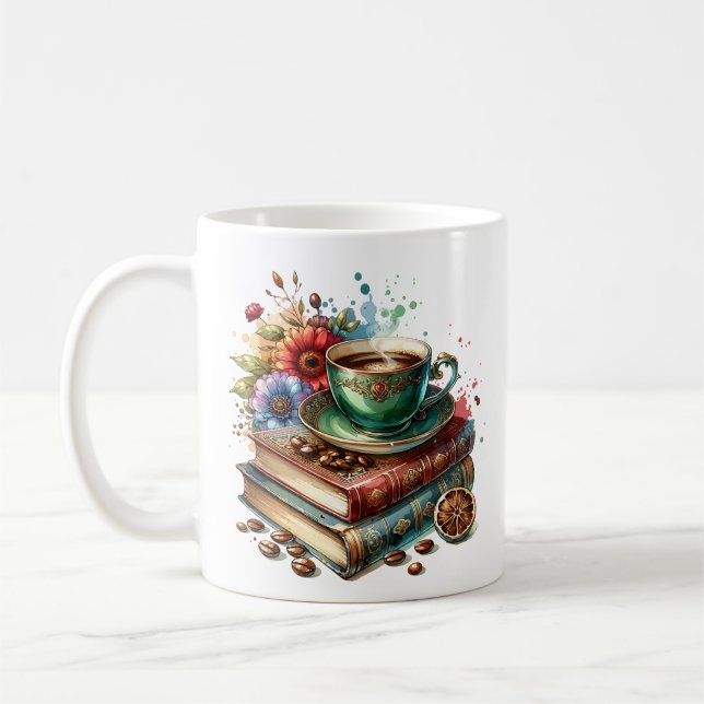 Taza De Café Libros antiguos, flores y café o té (Izquierda)