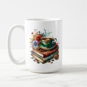 Taza De Café Libros antiguos, flores y café o té