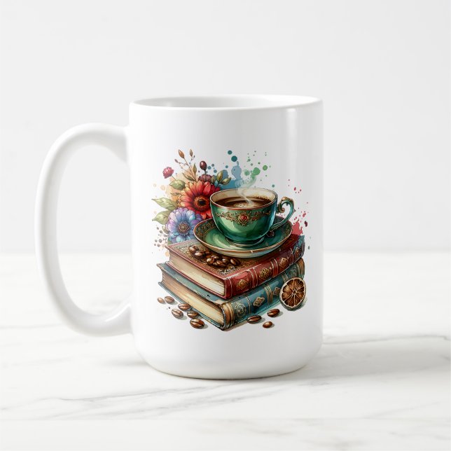 Taza De Café Libros antiguos, flores y café o té (Izquierda)