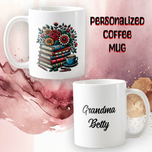 Taza De Café Libros antiguos personalizados, café y flores