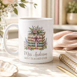 Taza De Café Libros Apilados con Nombre de Maestro Personalizad