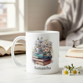 Taza De Café Libros apilados florales personalizados