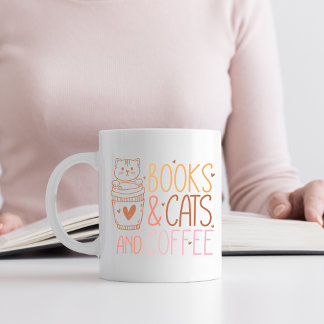 Taza De Café Libros, gatos y café naranjas y rosados