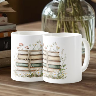 Taza De Café Libros Vintage de Acuarela y Flores Silvestres