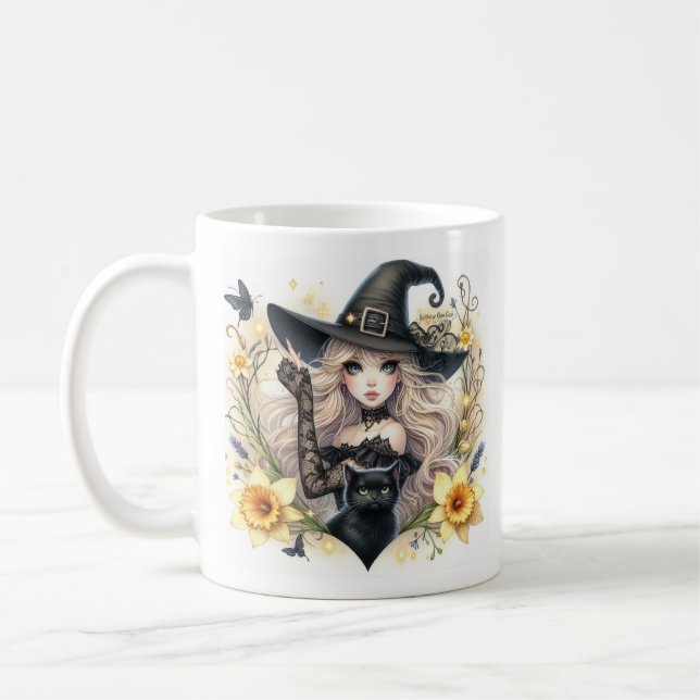 Taza De Café Lil Witch with Black Cat  daffodils Coffee Mug (Izquierda)