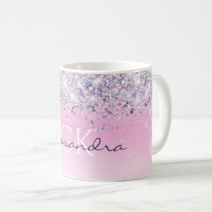 Taza De Café Lila Brillante Glitter Monogramado Femenino Rosa