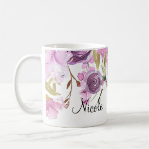 Taza De Café Lila Lavanda Floral Chic Acuarela Púrpura