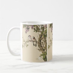 Taza De Café Lilas púrpuras y blancas con antiguo chino pájaro