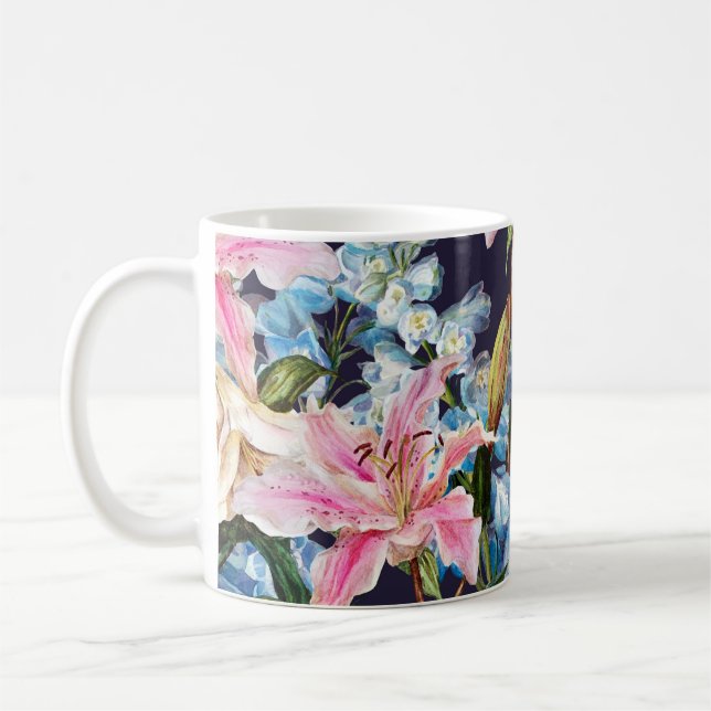 Taza De Café Lilies, delfinitos borde: pintura acuarela. (Izquierda)