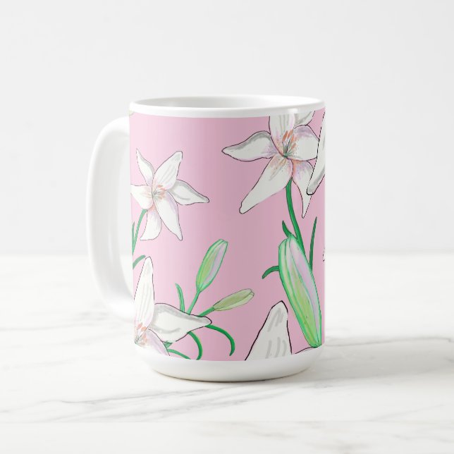 Taza De Café Lillies blancos sobre el Ilustracion de fondo rosa (Anverso izquierdo)