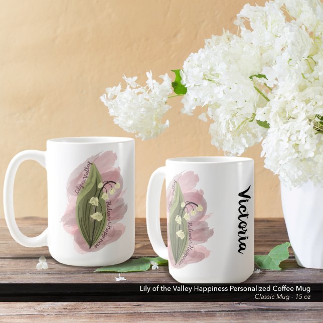 Taza De Café Lily de la Felicidad del Valle Personalizada (Lily of the Valley Happiness Personalized Coffee Mug - 15 oz Size)