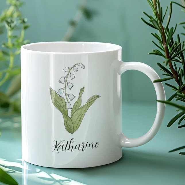 Taza De Café Lily del Valle Elegante Floral Personalizada (Featuring original art of Lily of the Valley, plus pretty script, this floral mug is a great gift.)