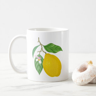 Taza De Café Limón amarillo con hojas verdes y flores blancas