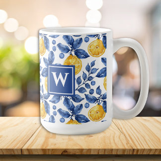 Taza De Café Limones Amarillos Azul Mediterráneo Amalfi Inicial