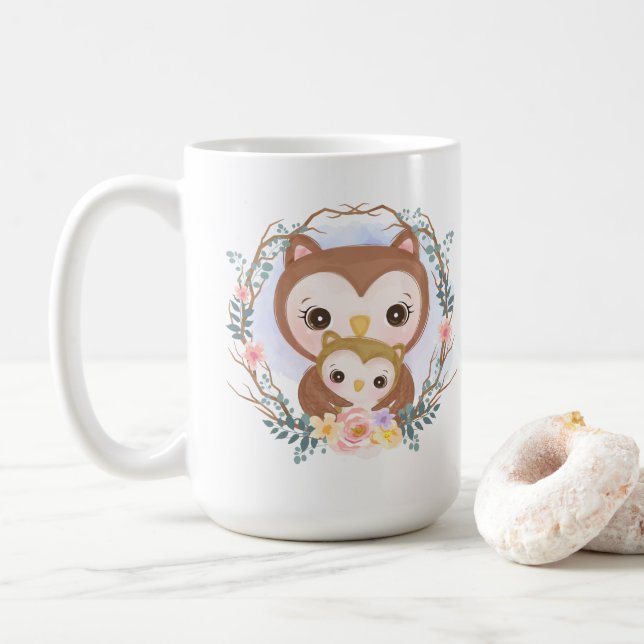 Taza De Café linda invitación de embarazo de búho mami (Con donut)