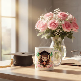 Taza De Café Lindo Anime Chica de Graduación Acuarela Floral Ca