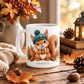 Taza De Café Lindo Ardilla de Otoño con Gorro de Cuadros – Fal