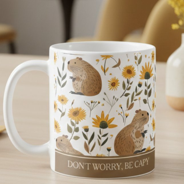 Taza De Café Lindo Capybara Inspirador  (cute capybara sunflowers inspirational mug, don't worry be happy, cozy gift for coffee drinkers)