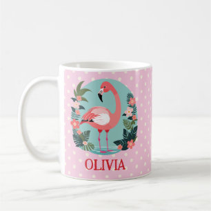 Taza De Café Lindo flamenco rosa de dibujos animados y lunares