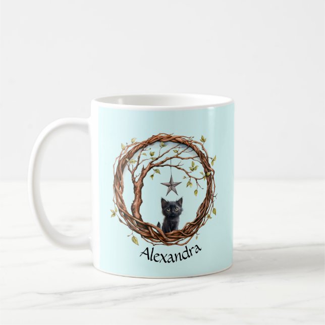 Taza De Café Lindo gatito negro mirando una estrella (Izquierda)