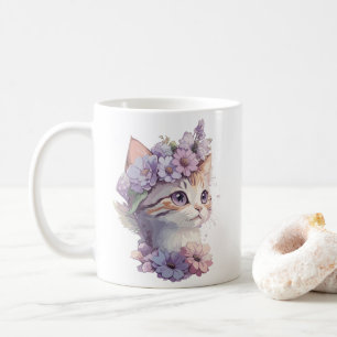 Taza De Café Lindo gato de acuarela violeta con flora