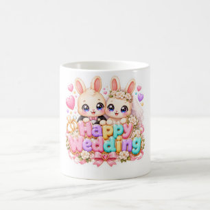 Taza De Café Lindo Kawaii Conejo Feliz Boda Pareja Rosa Pastel