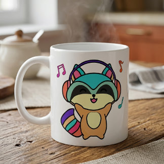 Taza De Café Lindo mapache bebé Kawaii sonriente con auriculare